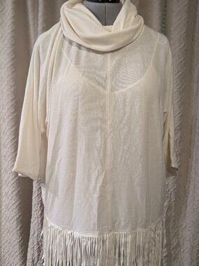 TERRE BLEUE Ivory cowl neck pullover cardigan with tassels. Western style